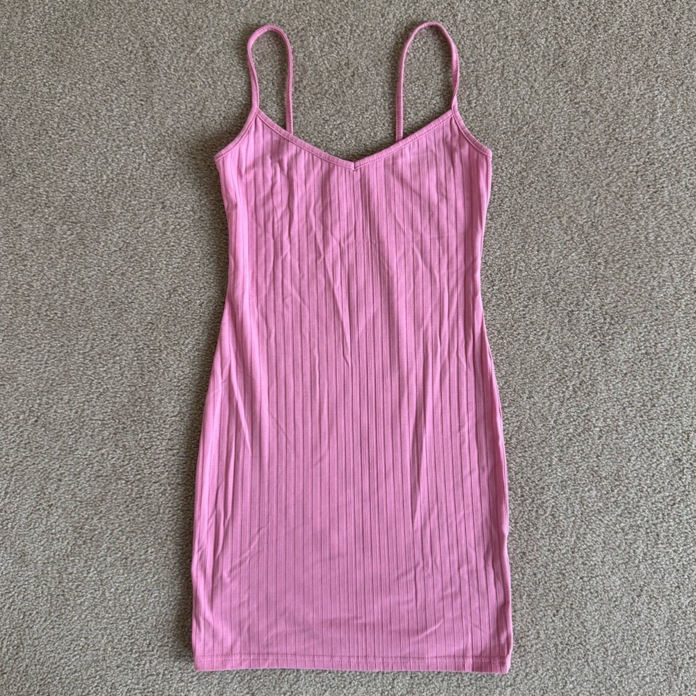 Pink Ribbed Spaghetti Strap Dress